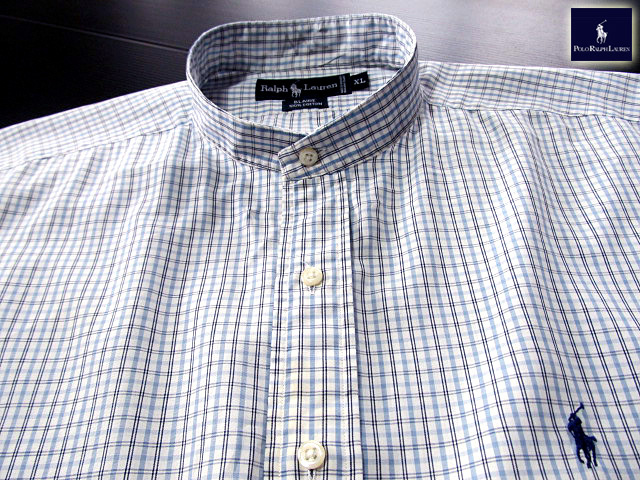 ★100円スタート！ラルフローレン RALPH LAUREN バンドカラーシャツ 半袖 XLサイズ 希少品 ハンサムチェック ブルー×ブラック×ホワイ???