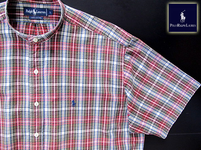 ★100円スタート！ラルフローレン RALPH LAUREN バンドカラーシャツ 半袖 Lサイズ 希少品 ハンサムチェック ブルー×グリーン×レッヾ?