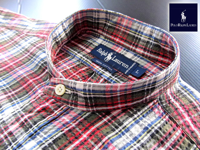 ★100円スタート！ラルフローレン RALPH LAUREN バンドカラーシャツ 半袖 Lサイズ 希少品 ハンサムチェック ブルー×グリーン×レッヾ?