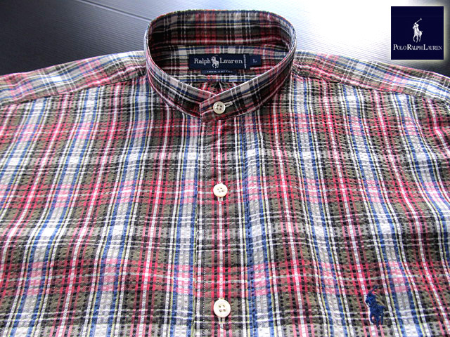 ★100円スタート！ラルフローレン RALPH LAUREN バンドカラーシャツ 半袖 Lサイズ 希少品 ハンサムチェック ブルー×グリーン×レッヾ?