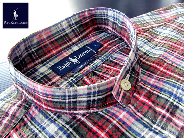 ★100円スタート！ラルフローレン RALPH LAUREN バンドカラーシャツ 半袖 Lサイズ 希少品 ハンサムチェック ブルー×グリーン×レッヾ?