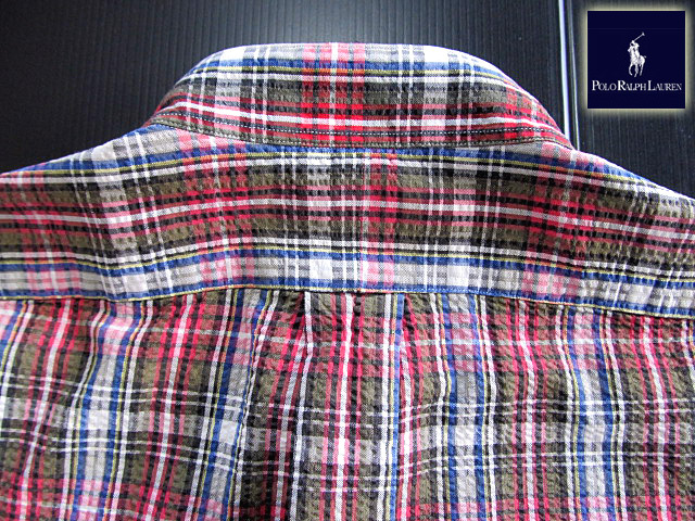 ★100円スタート！ラルフローレン RALPH LAUREN バンドカラーシャツ 半袖 Lサイズ 希少品 ハンサムチェック ブルー×グリーン×レッヾ?