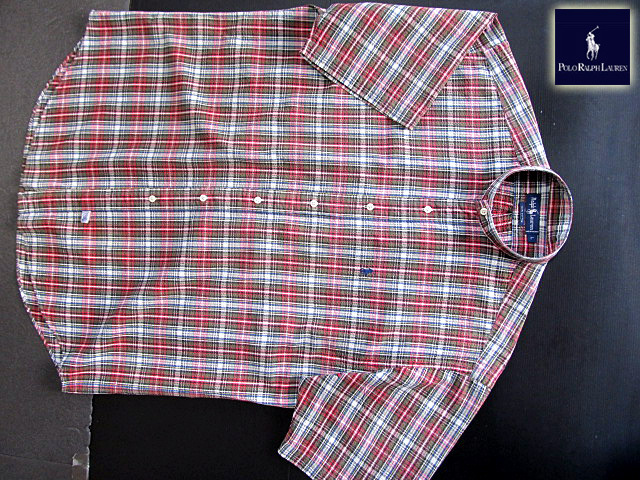 ★100円スタート！ラルフローレン RALPH LAUREN バンドカラーシャツ 半袖 Lサイズ 希少品 ハンサムチェック ブルー×グリーン×レッヾ?
