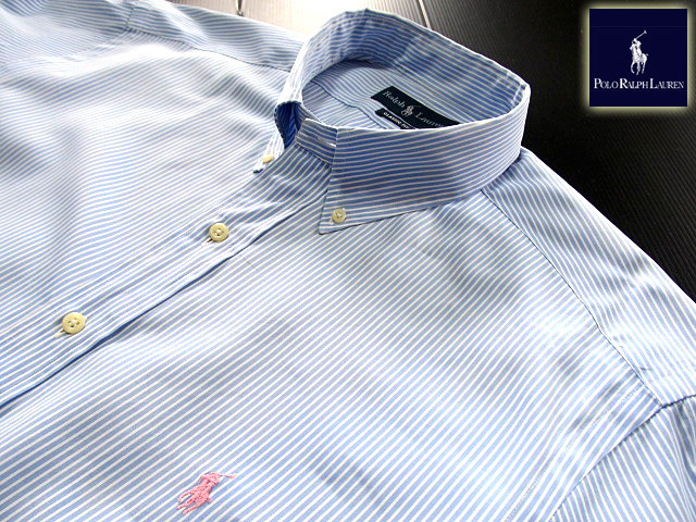 ★500円スタート！美品 ラルフローレン RALPH LAUREN ボタンダウンシャツ 長(zhǎng)袖 XLサイズ 希少品 クールストライプ ブルー×ホワイト