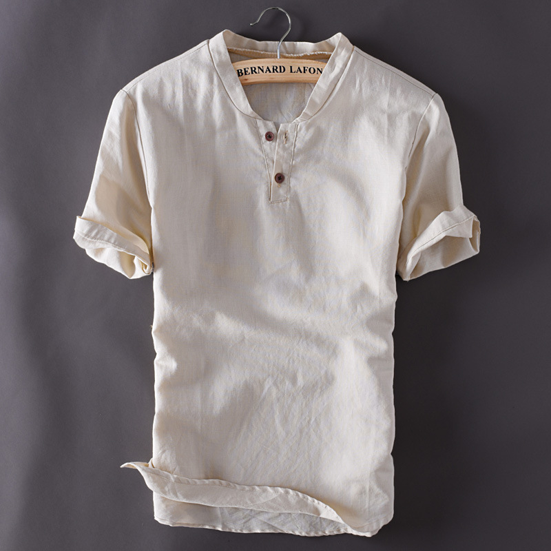  новый товар популярный рекомендация linen футболка короткий рукав футболка мужской застежка с планкой casual футболка T-shirt хлопок лен tops простой одноцветный лето предмет хаки 