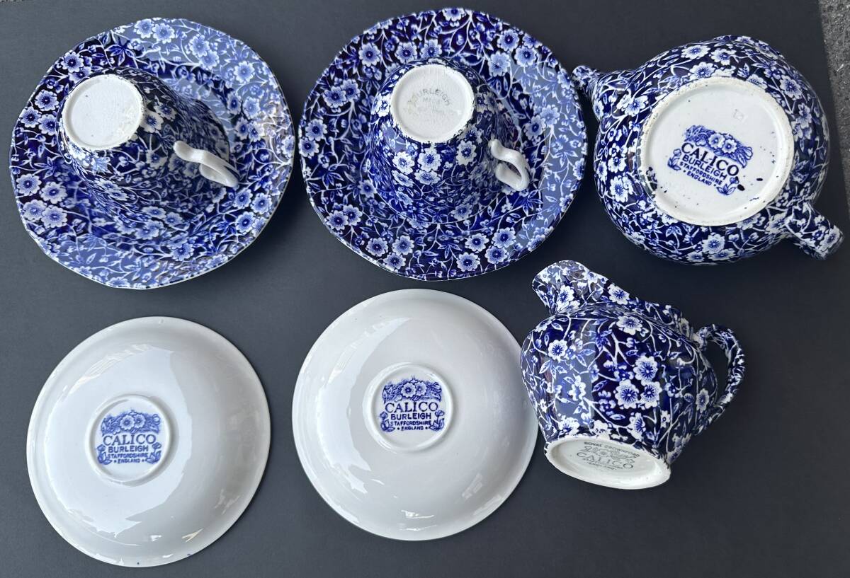 1円～【未使用/保管品】◆Burleigh バーレイ Blue Calico ブルーキャリコ カップ＆ソーサー ２客 ポッド 小皿 ペア イギリス制 花柄