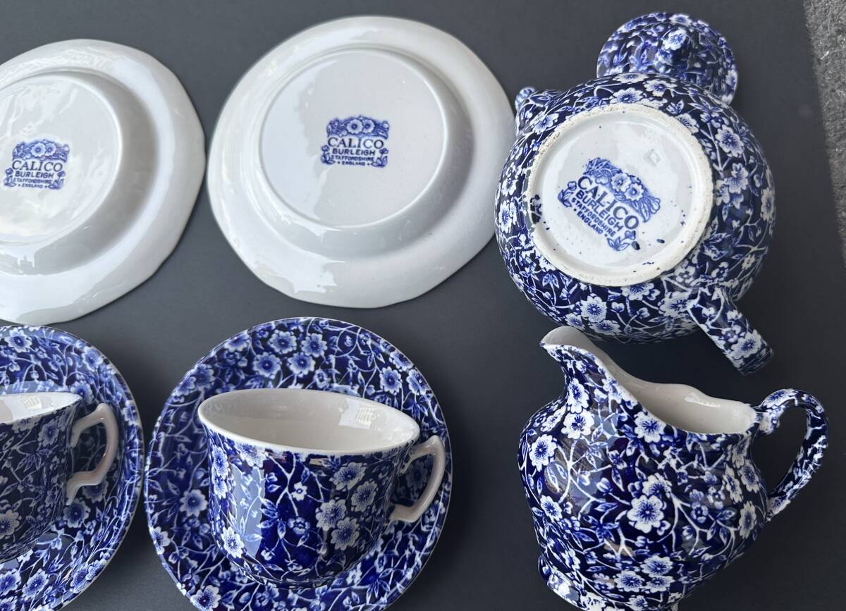 1円～【未使用/保管品】◆Burleigh バーレイ Blue Calico ブルーキャリコ カップ＆ソーサー ２客 ポッド 小皿 ペア イギリス制 花柄