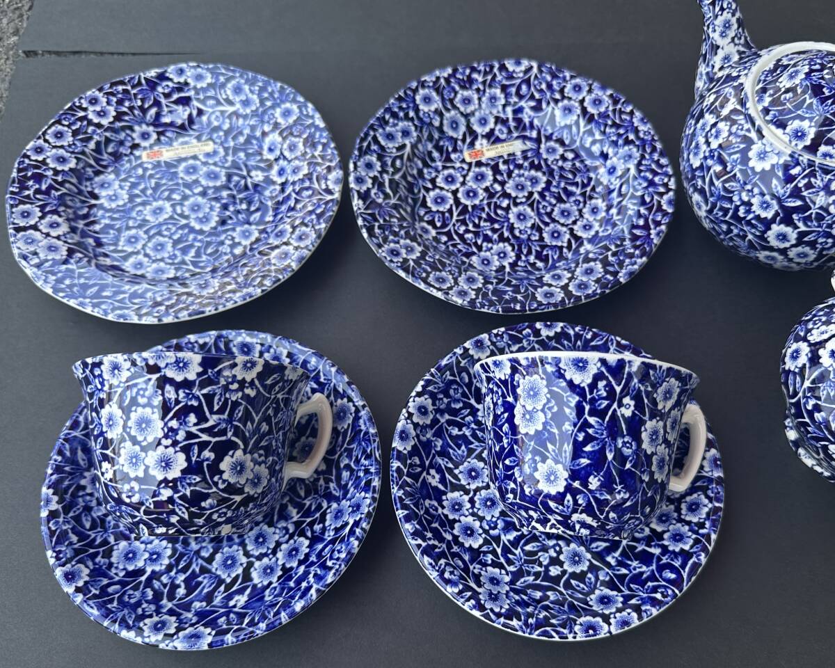 1円～【未使用/保管品】◆Burleigh バーレイ Blue Calico ブルーキャリコ カップ＆ソーサー ２客 ポッド 小皿 ペア イギリス制 花柄
