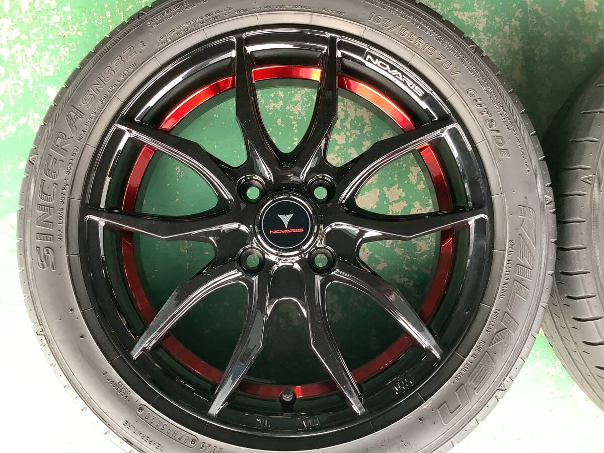 【未使用+中古】ノヴァリス VF 15x4.5J 4H 100 +45 4本 1台分 165/55R15 ブラック/レッド ムーヴ タント スペーシア N-ONE N-BOX デイズ 等_画像2