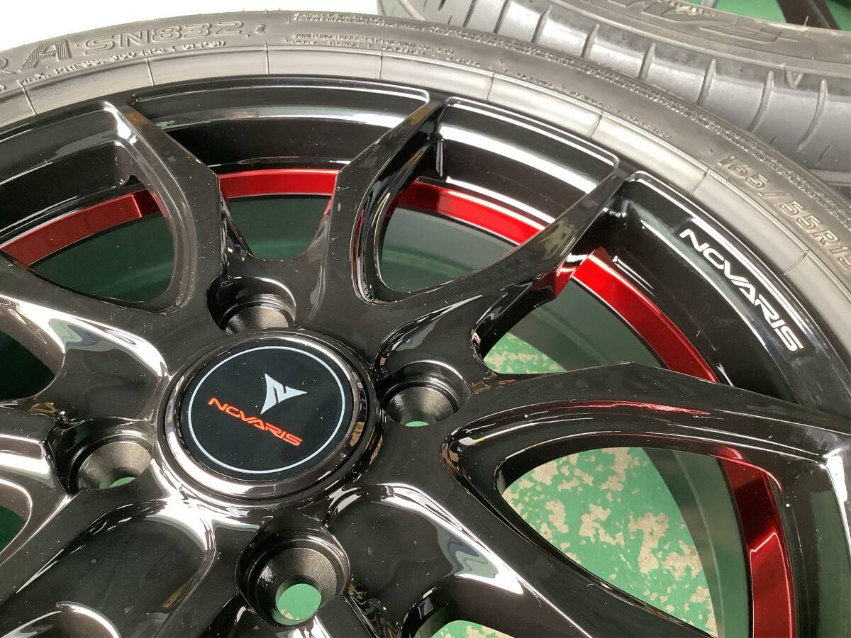 【未使用+中古】ノヴァリス VF 15x4.5J 4H 100 +45 4本 1台分 165/55R15 ブラック/レッド ムーヴ タント スペーシア N-ONE N-BOX デイズ 等_画像3