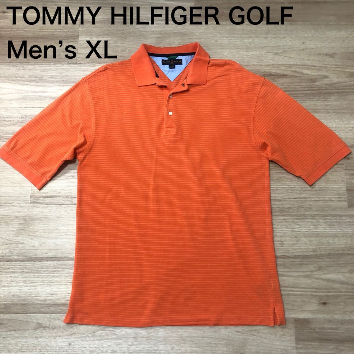 【送料無料】TOMMY HILFIGER GOLF半袖ポロシャツ オレンジボーダー柄 メンズXLサイズ トミーヒルフィガーゴルフ_画像1