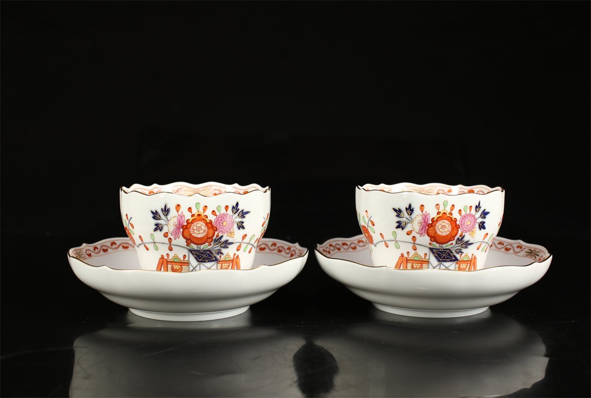 【吉】CK711 MEISSEN 【マイセン】 色絵金襕手花紋 カップ＆ソーサー 2組 6點セット／未使用品！