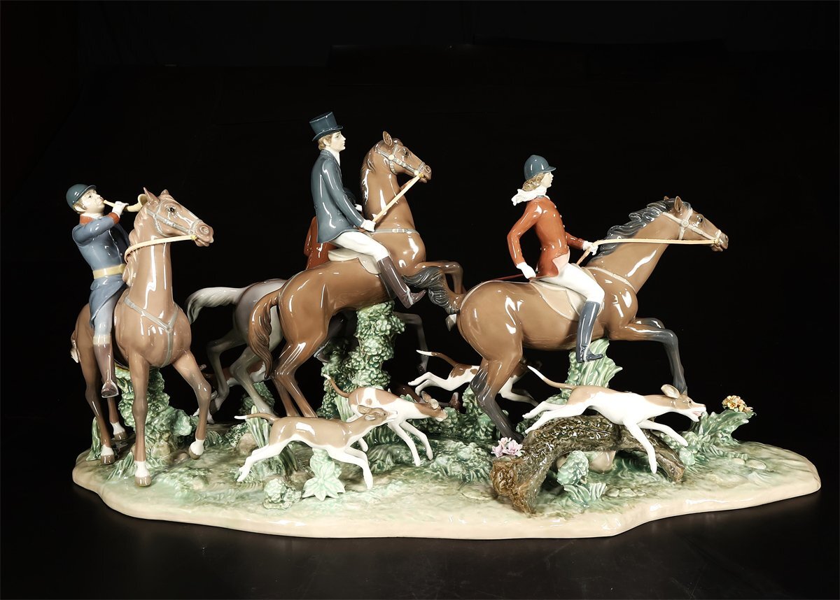 【吉】CK872 LLADRO 【リヤドロ】 フィギュリン 磁器人形 狩猟 置物 特大作 高42㎝ 幅78㎝ 作家銘付／部品の欠けありH！