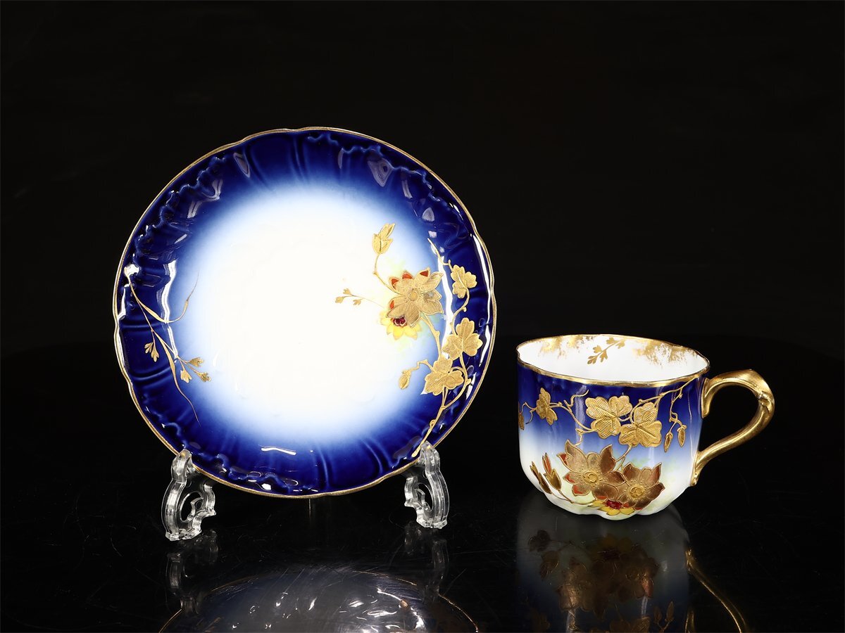 【吉】CK879 アビランド フランス リモージュ 【D&Co】 金彩瑠璃釉 カップ＆ソーサー プレート 3點セット／時代の使用感あり！