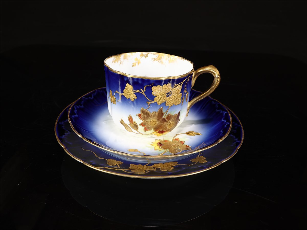 【吉】CK879 アビランド フランス リモージュ 【D&Co】 金彩瑠璃釉 カップ＆ソーサー プレート 3點セット／時代の使用感あり！