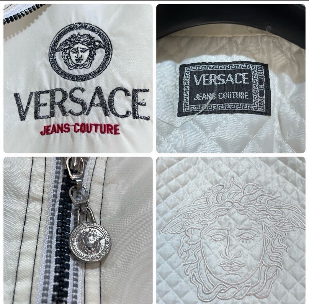 ヴェルサーチ【XXL相當(dāng)!!驚愕のデカロゴ刺繍!!】VERSACE メデューサ ナイロンジャケット コート ブルゾン ホワイト 白 リブ キルティング
