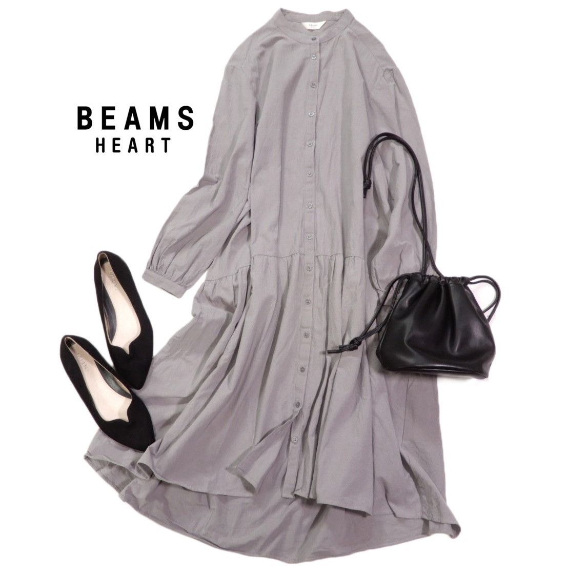 ビームス BEAMS HEART 大人可愛い☆コットン100 バンドカラー シャツ ワンピース 