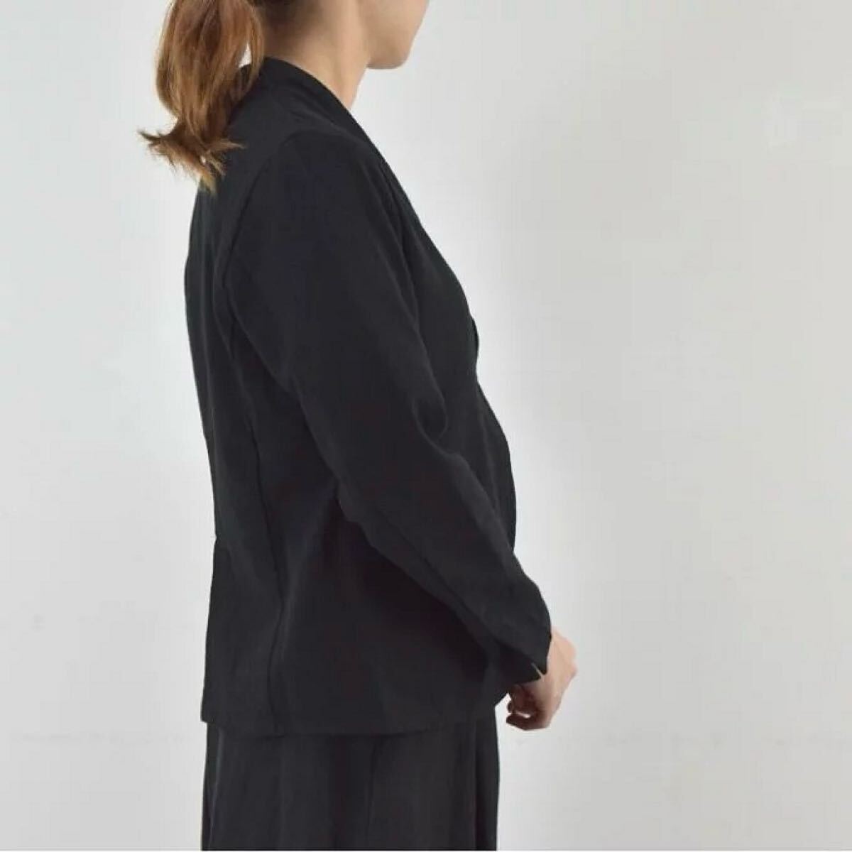 21年 evam eva cotton jacket エヴァムエヴァ コットンクレープノーカラージャケット 1 S ブラック系 梨地織 カーディガン オケージョン