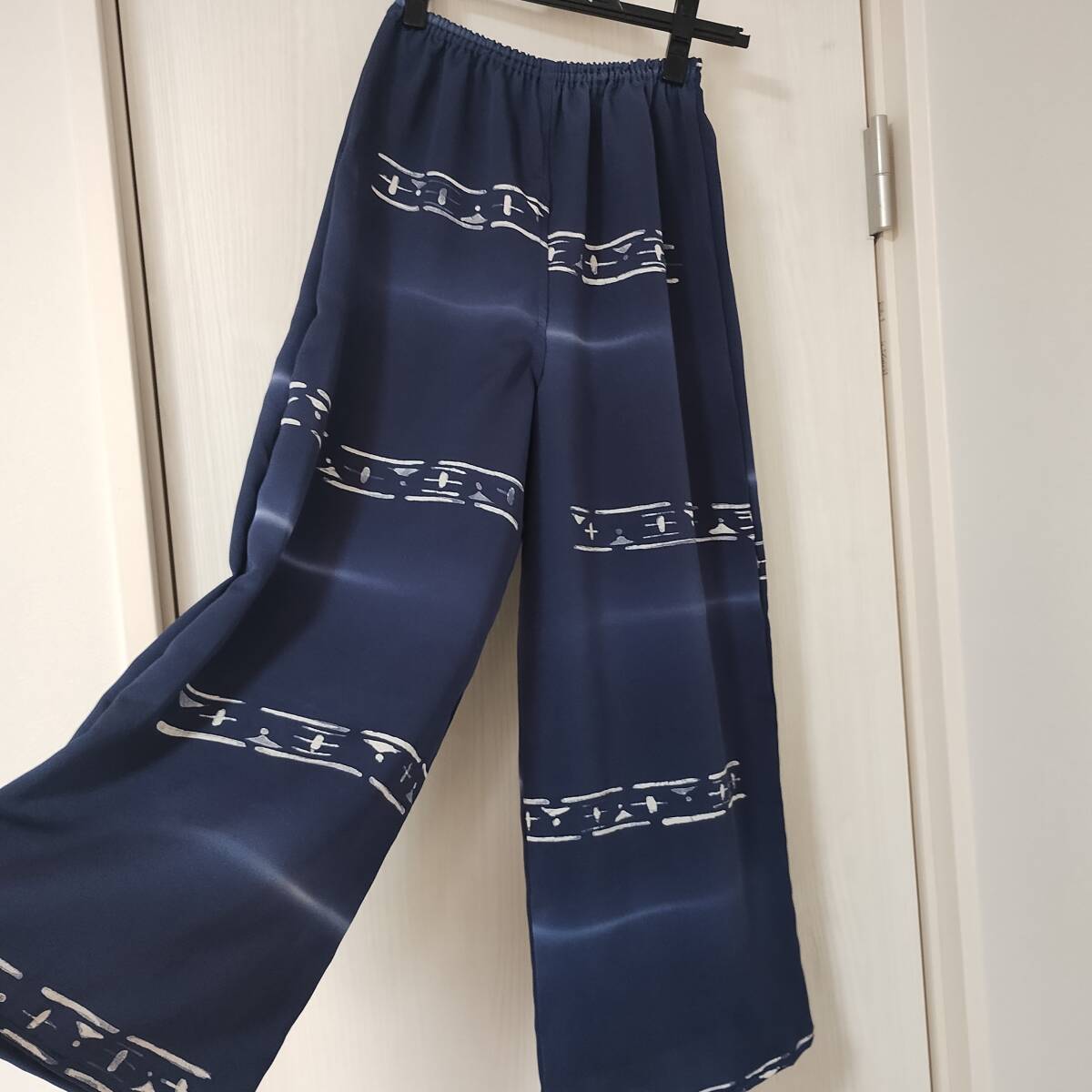 ハンドメイド コットンシルク ブルー ワイドパンツ ゆったり