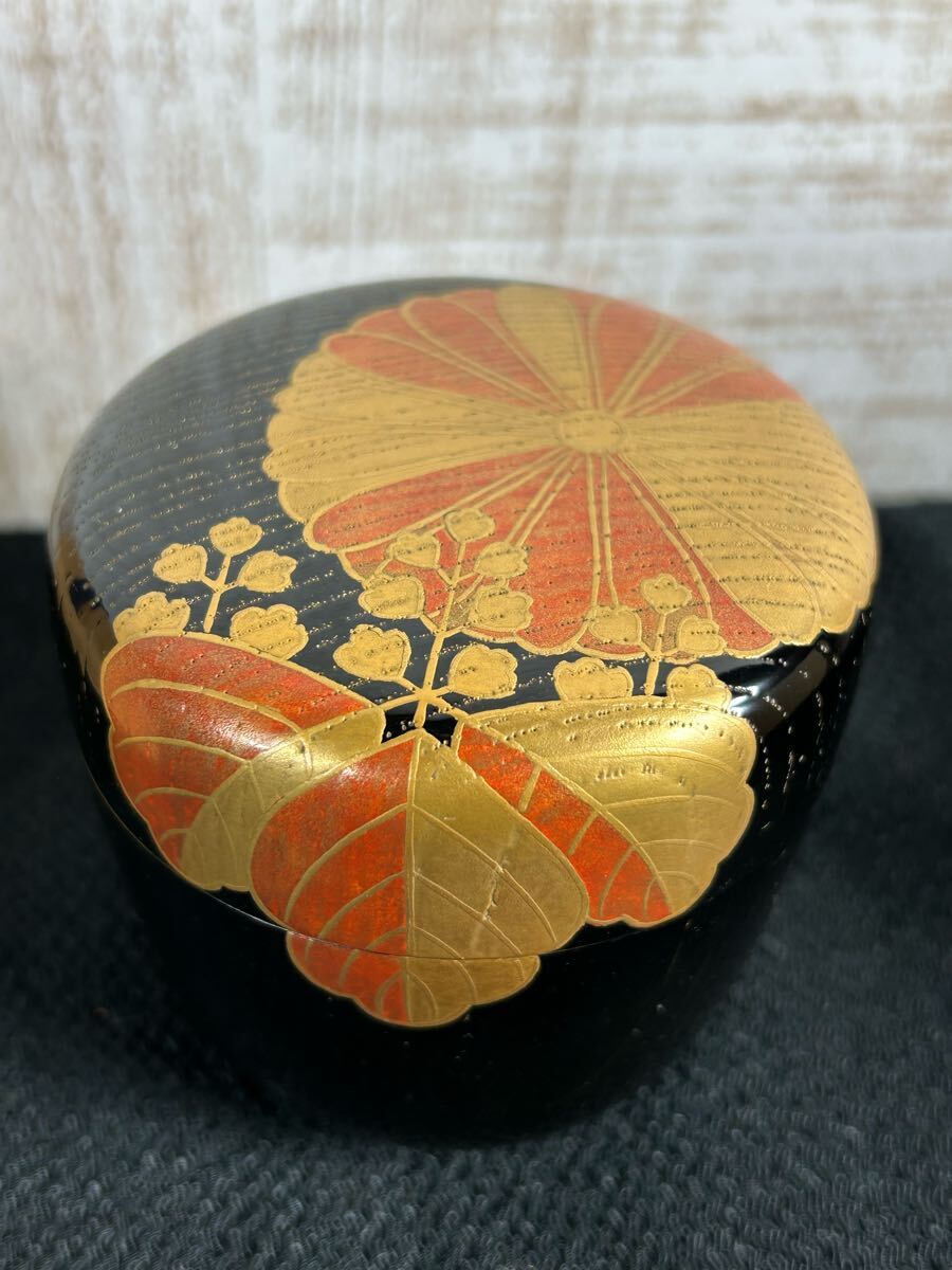 茶道具 中村宗哲 造 菊桐蒔絵大棗 外黒掻合涂 內黒無地 鵬云斎宗匠書付 花押 共箱 最高級