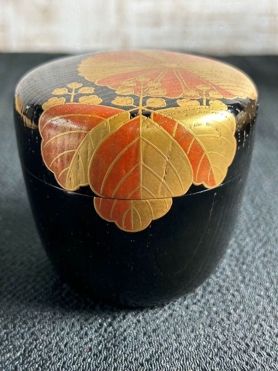茶道具 中村宗哲 造 菊桐蒔絵大棗 外黒掻合涂 內黒無地 鵬云斎宗匠書付 花押 共箱 最高級