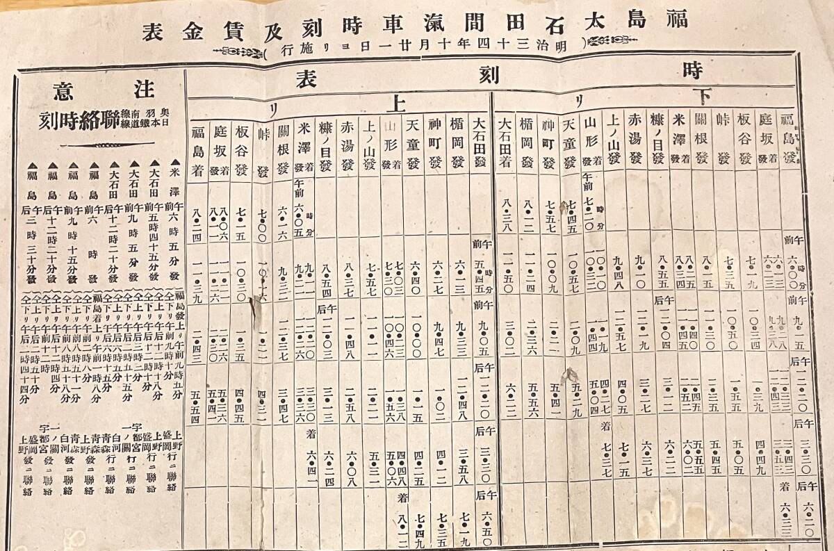 祝鐵道開(kāi)通　旅館羽前上ノ山二日町三角屋本店同停車場(chǎng)前みかとや支店　明治34年福島大石田間汽車時(shí)刻及賃金表　鉄道奧羽本線　上野駅等連絡(luò)