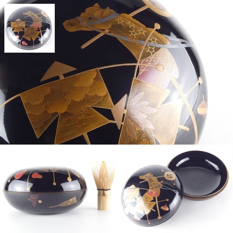 【扇屋】 時代 黒塗 正月遊び蒔絵 菓子器 高さ 約11cm 幅 約20cm 木製 凧あげ 羽子板 食籠 喰籠 茶道具 漆器 漆芸 F-1 菓子器・喰籠