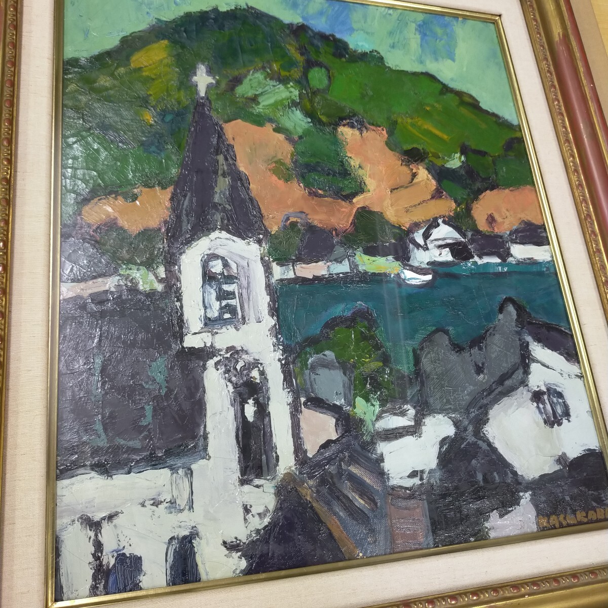 油彩絵真作、春日部 洋「天草.崎津港」額装、 風景インテリア_画像3