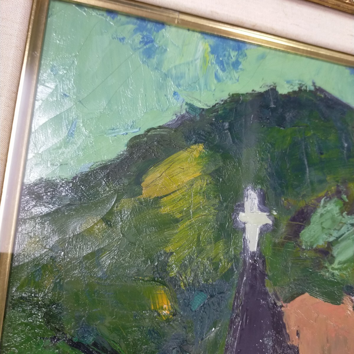 油彩絵真作、春日部 洋「天草.崎津港」額装、 風景インテリア_画像4