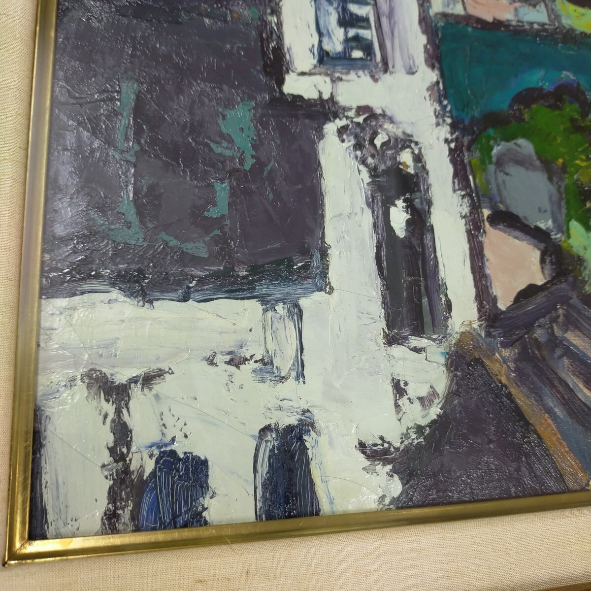 油彩絵真作、春日部 洋「天草.崎津港」額装、 風景インテリア_画像6