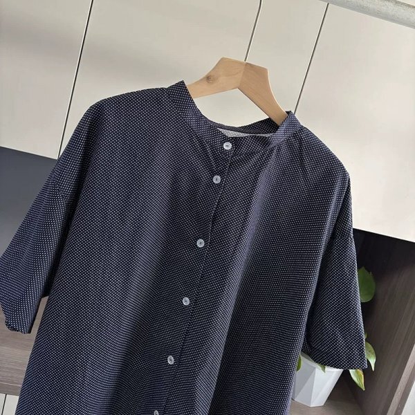 ｍ 前后リバーシブル チュニック 上著 波形裾 綿100％ 大人可愛(ài) シャツ オシャレ フリーサイズ ブラウス ナチュラル ドット柄 ネイビー