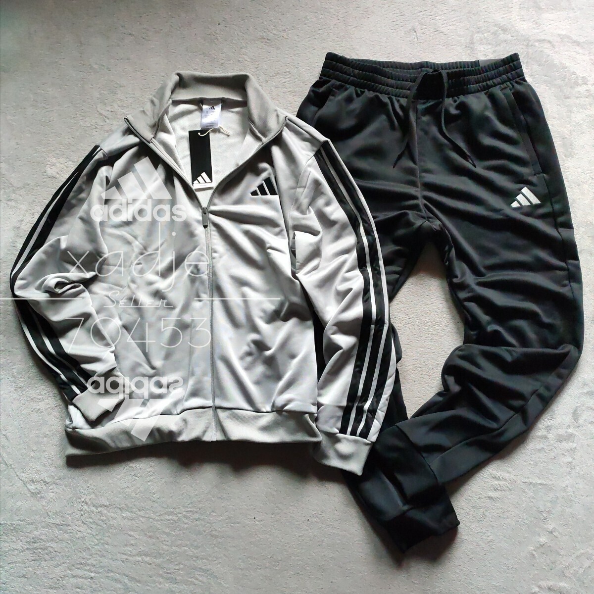 新品 正規(guī)品 adidas アディダス 上下セット セットアップ ジャージ 黒 ブラック 灰 グレー 三本ライン入り ロゴ刺繍 定価10450円 XL