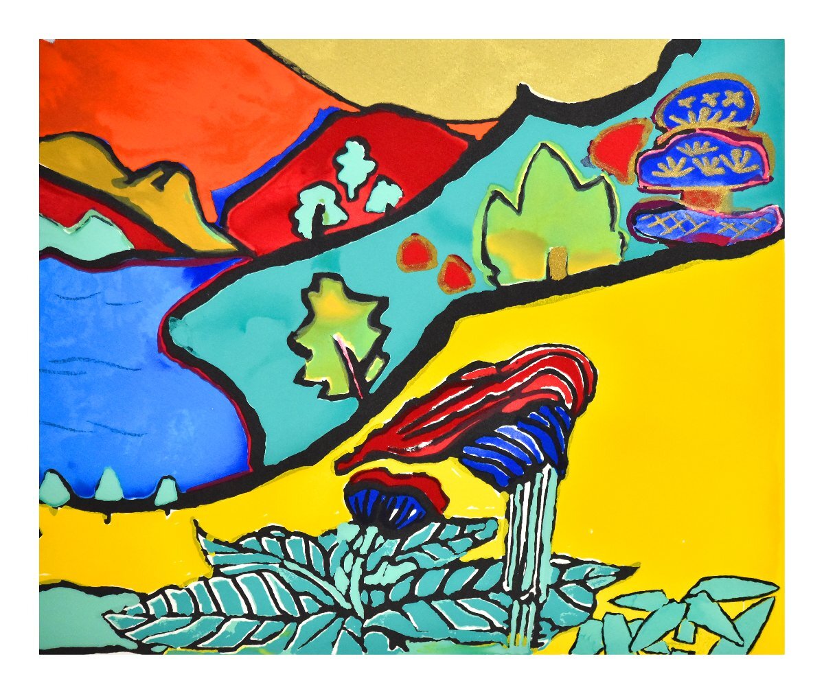 祥【真作】片岡球子「金銀紅白富士四題 紅に燃える富士」1991年 リトグラフ約10號(hào) 高島屋創(chuàng)立記念 背景金泥 人気女流作家【ギャラリー祥】