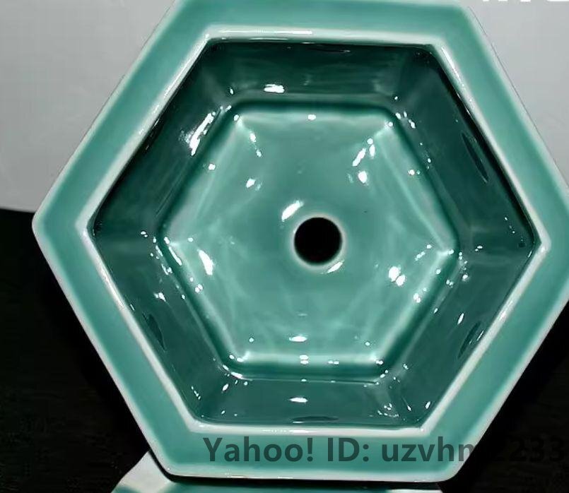 青磁底付き六角鉢 盆栽鉢 植木鉢 小品盆栽鉢 大品盆栽鉢(清