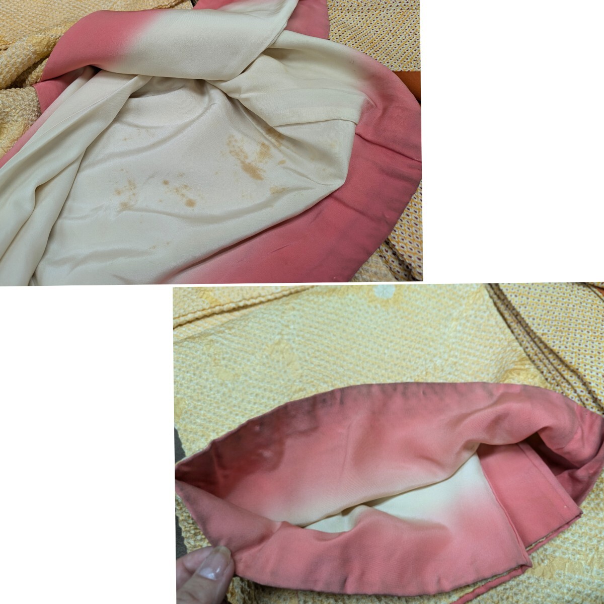 着物 総絞り 正絹 4枚まとめ売り 和服 和装 和柄 レトロ柄 花柄 赤色系 黄色系 リメイク 素材 材料 生地 コレクション 奈良発 _画像7