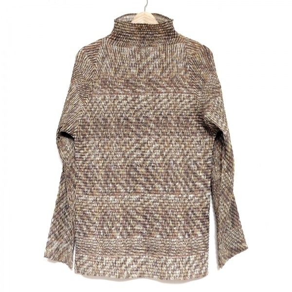 イッセイミヤケ ISSEYMIYAKE 長袖カットソー サイズ2 M - ブラウン×ダークグレー×マルチ レディース ハイネック/プリーツ 美品 トップス