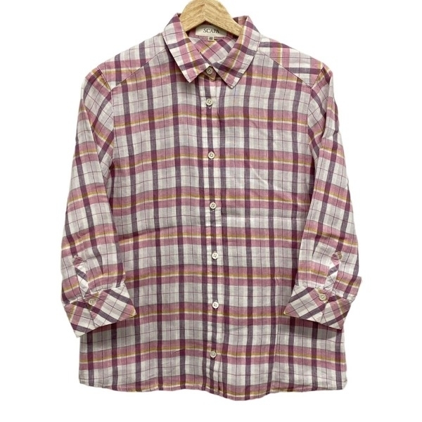 スキャパ Scapa 七分袖シャツブラウス サイズ40 XL - 白×ピンク×マルチ レディース 麻/チェック柄 美品 トップス