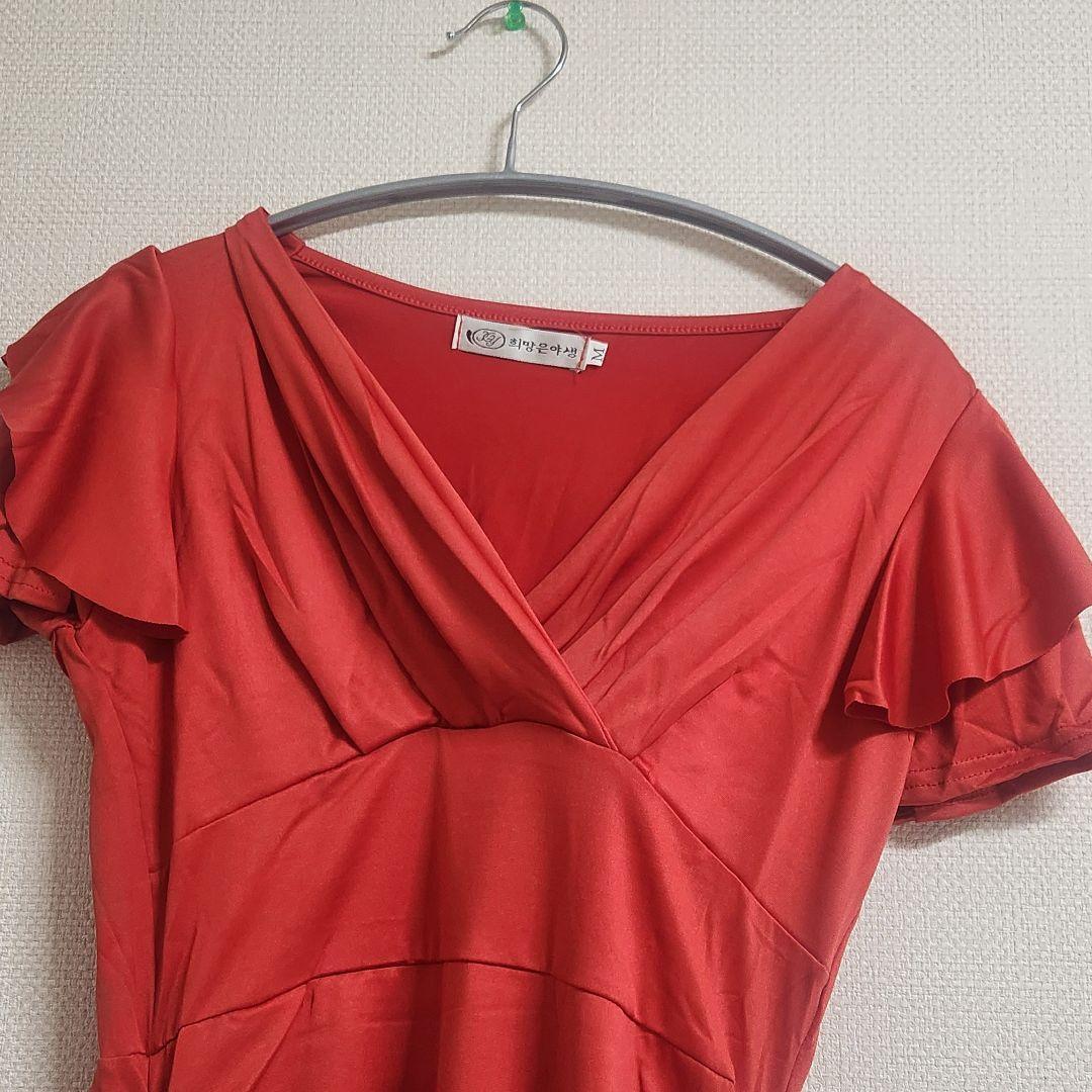 赤いフリル 袖ラップスタイル ミニワンピース Mサイズ レッド_画像2