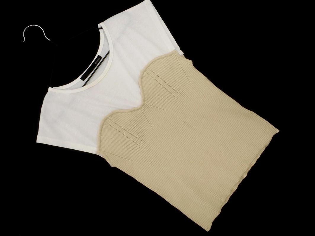 ネコポスOK Heather ヘザー リブ 切替 フレンチスリーブ カットソー sizeF/白ｘベージュ ■◆ ☆ fea9 レディース