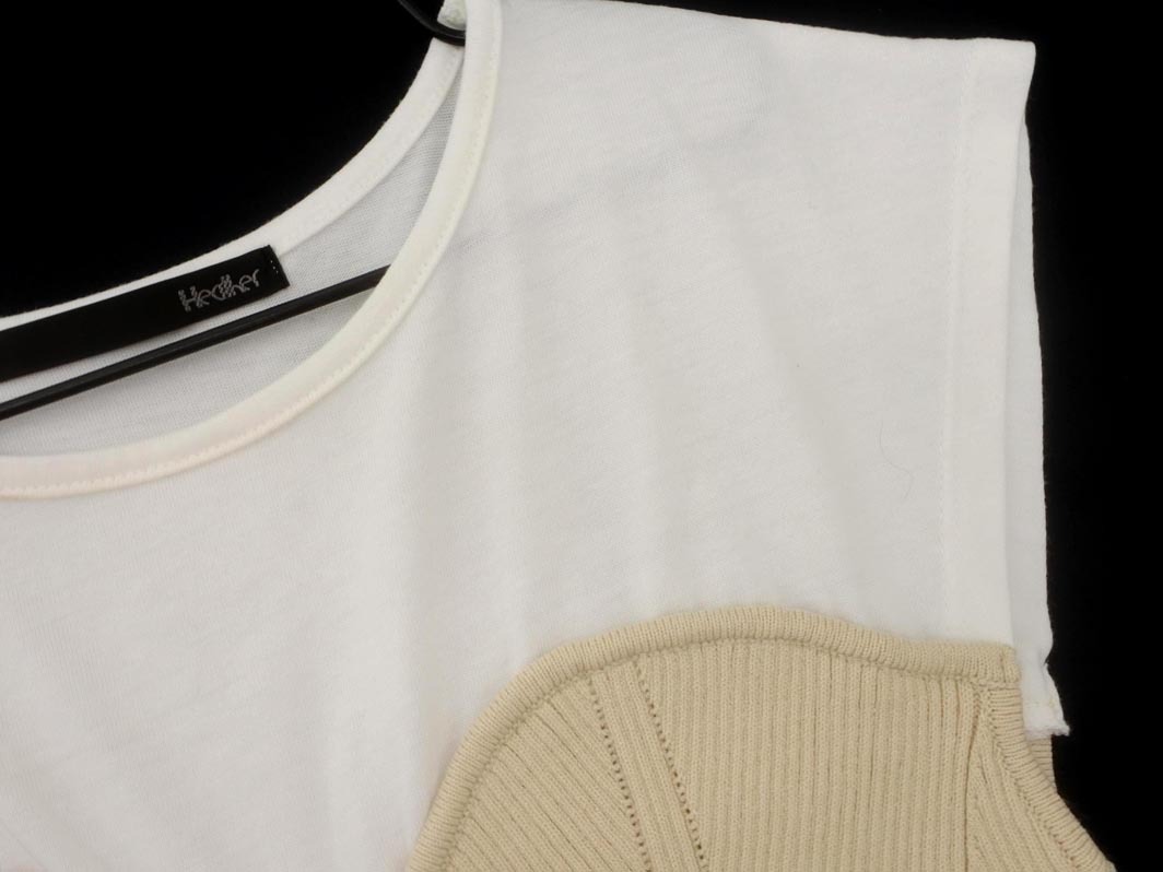 ネコポスOK Heather ヘザー リブ 切替 フレンチスリーブ カットソー sizeF/白ｘベージュ ■◆ ☆ fea9 レディース