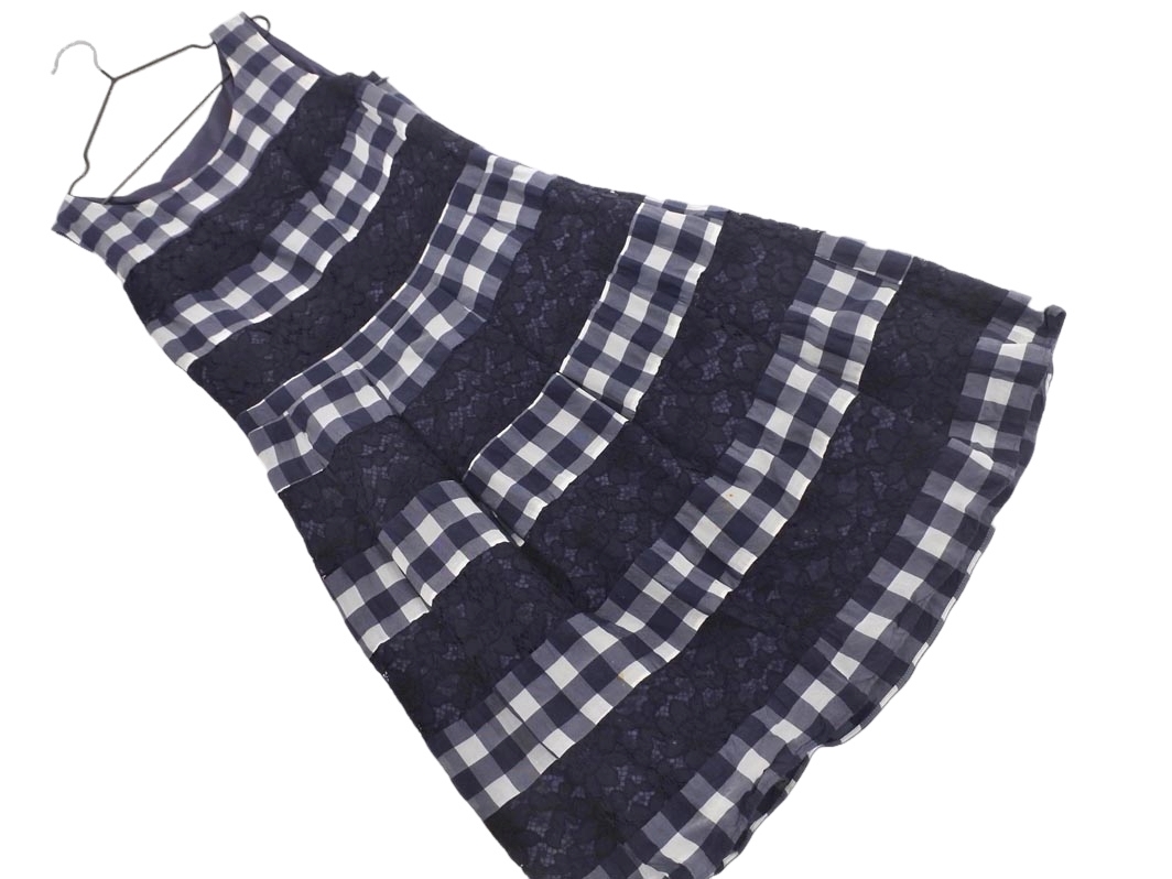 PeytonPlace ペイトンプレイス ギンガムチェック レース ノースリーブ Aライン ワンピース sizeM/紺 ■◆ ☆ feb6 レディース