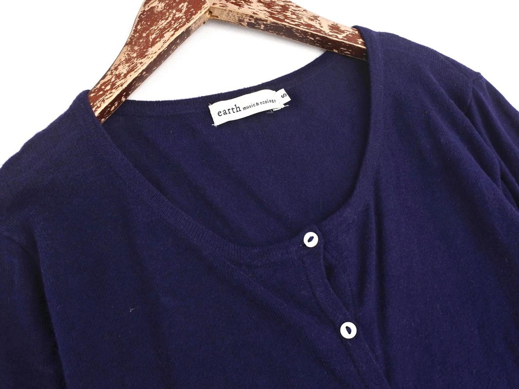 ネコポスOK earth music&ecology アースミュージック＆エコロジー レース ニット カーディガン sizeS/紺 ■◇ ☆ feb6 レディース_画像3