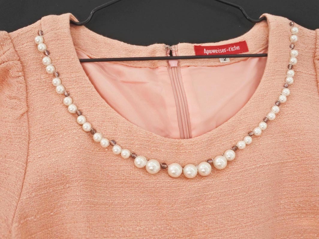 Apuweiser-riche アプワイザーリッシェ ツイード パールビーズ Aライン ワンピース size2/サーモンピンク ■◆ ☆ fec0 レディース_画像3