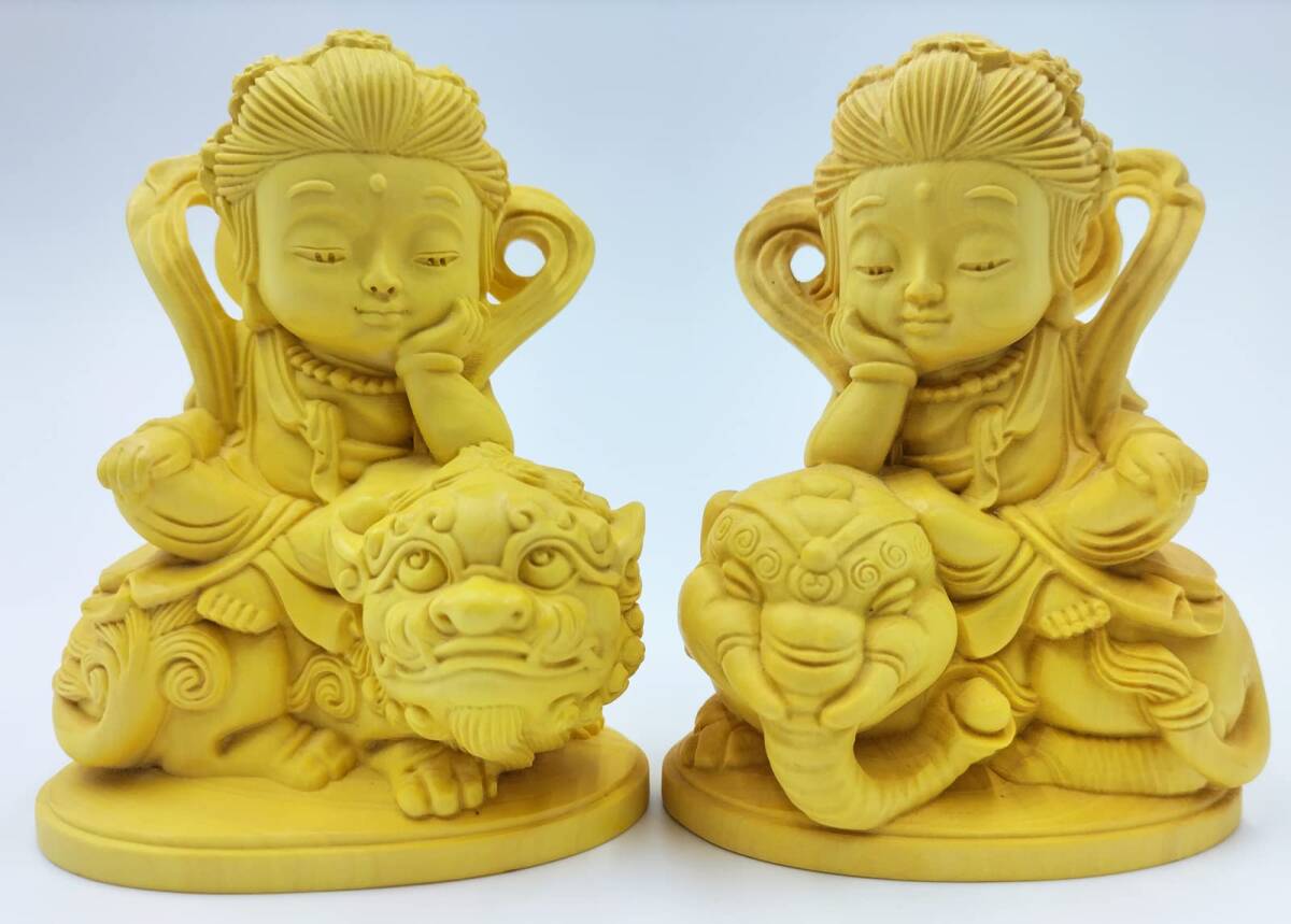 仏像 文殊菩薩 普賢菩薩 柘植製 木彫り ミニ 可愛い 仏壇仏像 置物【2点セット】3寸 開運十二干支お守り本尊 風水 祈る