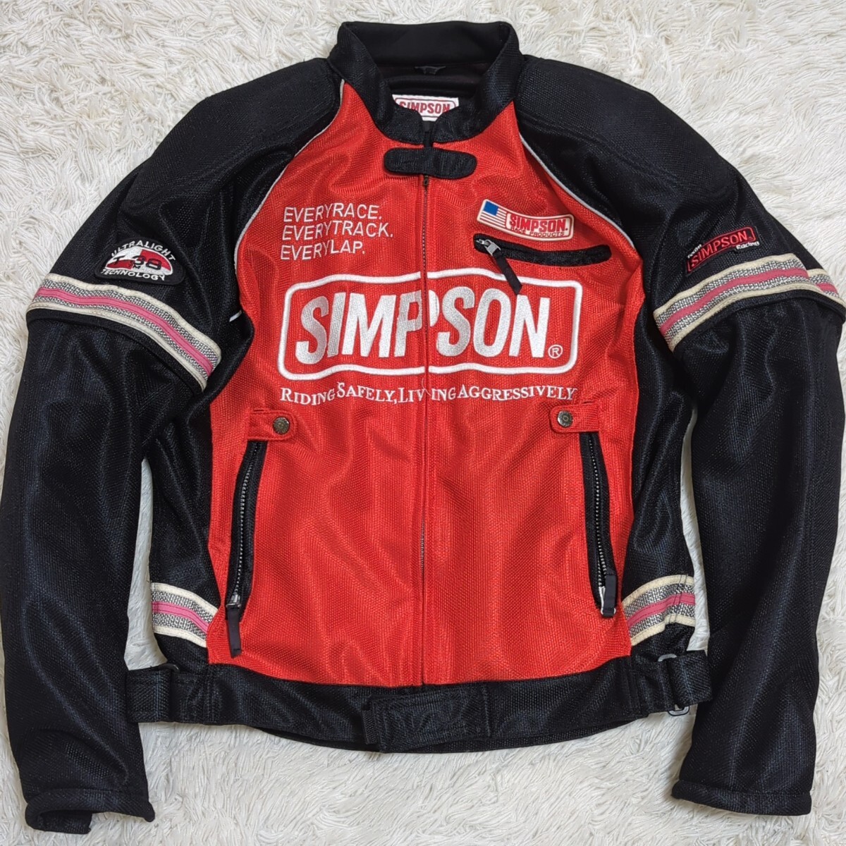 希少L/袖著脫●シンプソン SIMPSON ライディングメッシュジャケット バイクウェア 立體刺繍 ライダース 赤黒 メンズ プロテクター 肩背中肘