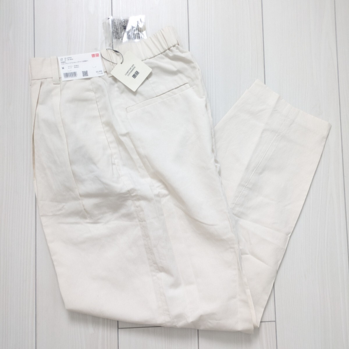 新品 ユニクロ 今季 リネンブレンドバレルレッグパンツ 丈長め M レディース 白 麻 