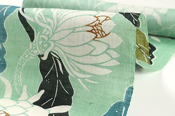 【和游館】ONK1029　夏帯！仕立付！「栗山吉三郎」本大麻和染紅型九寸名古屋帯　月下美人