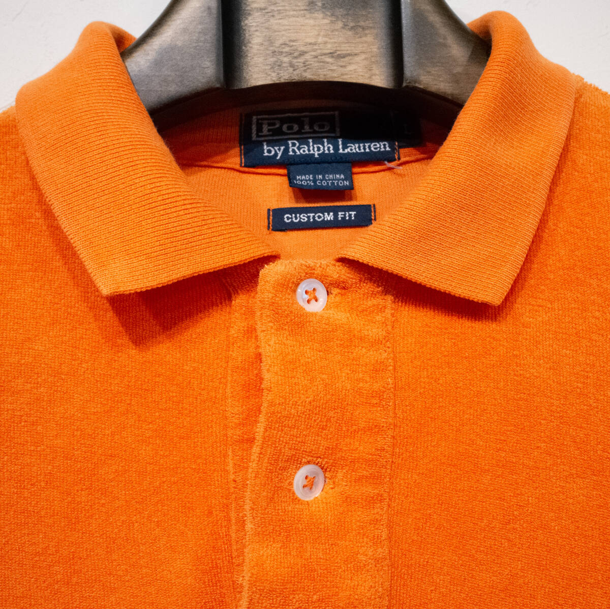 L / 90s POLO by RALPH LAUREN ポロ ラルフローレン 半袖 ポロシャツ カスタムフィット パイル 起毛 オレンジ 古着 サーフ アメカジ