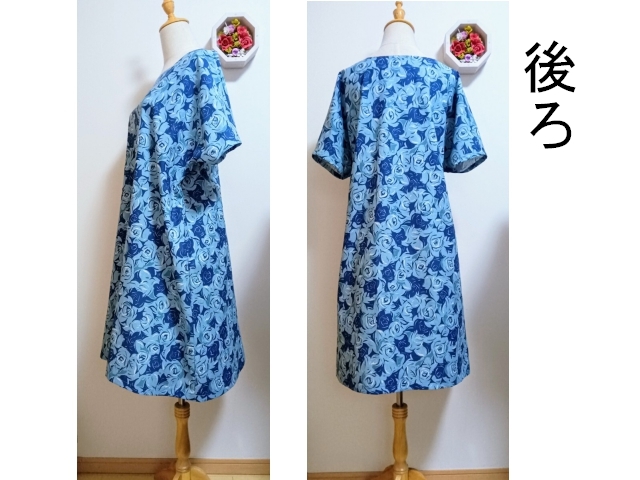 ローズ ワンピース 半袖 YUWA*綿麻シーチング*SWANY ブルー系 ソフト加工 ドルマンスリーブ ゆったり Aライン 薔薇 バラ ハンドメイド?