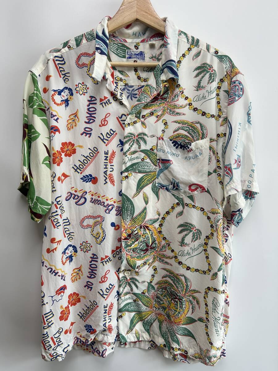 美品 名作 雷門 レーヨン クレイジーパターン アロハ シャツ M beams sunsurf ビームス サンサーフ 東洋 オープンカラー ハワイアン shirt BEAMS 雷門（カミナリモン） クレイジーパターン レーヨンアロハシャツ